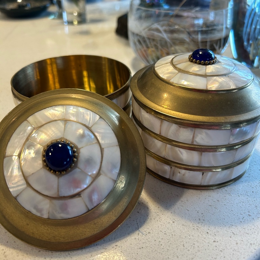 2 Vintage Milk Glass Trinket Boxes w/ a Blue stone on top. Milk Glass and Brass